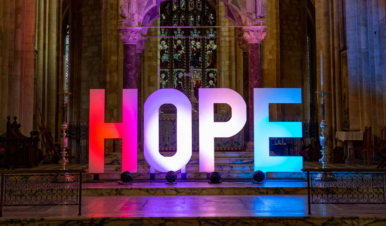Hope letters at the high altar. Photo credit: Terry Harris